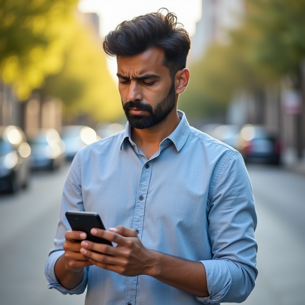 Business owner looking stressed at their phone while away from the office