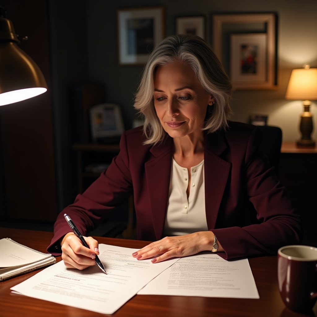 Experienced operator reviewing printed process documentation at a desk with coffee